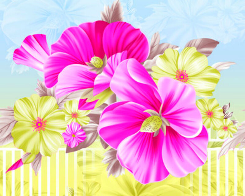 Pink and Yellow Flowers — Bright, Spring, Digital Art