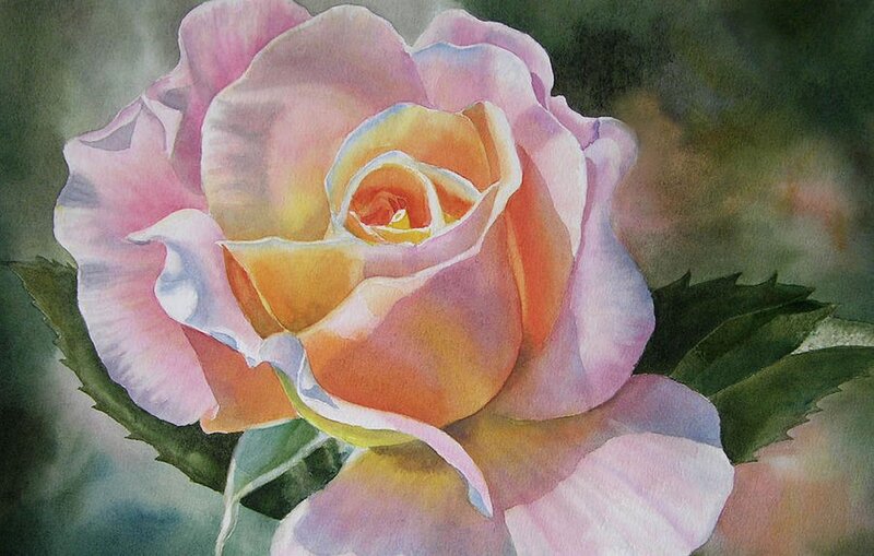 Pink and Yellow Rose — Serene, Painting, Leaf