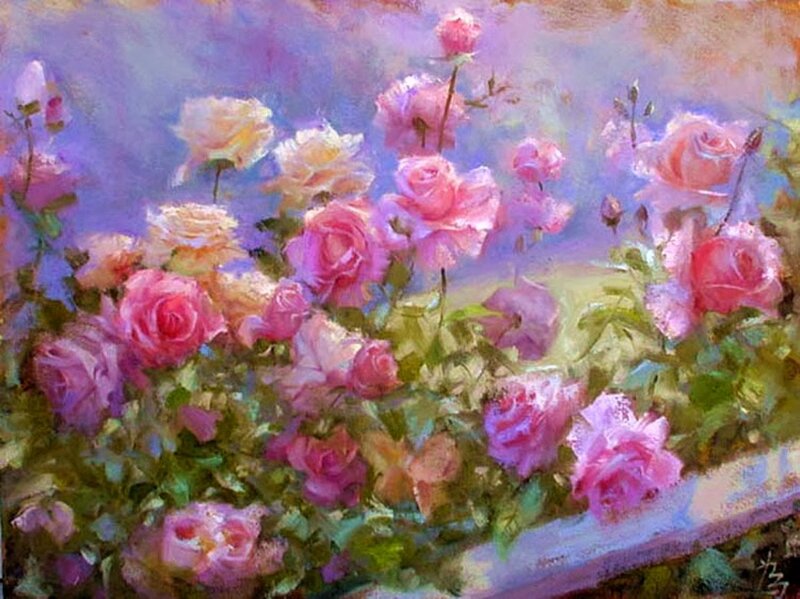 Pink and Yellow Roses — Serene, Afternoon, Painting