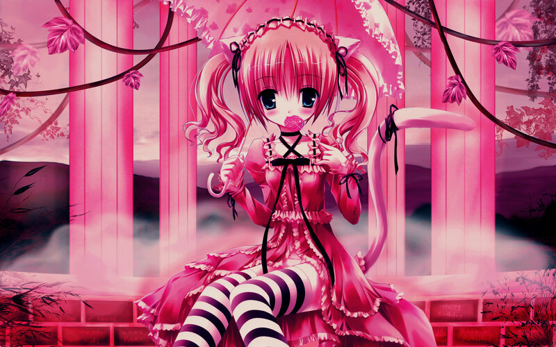 pink anime girl with umbrella