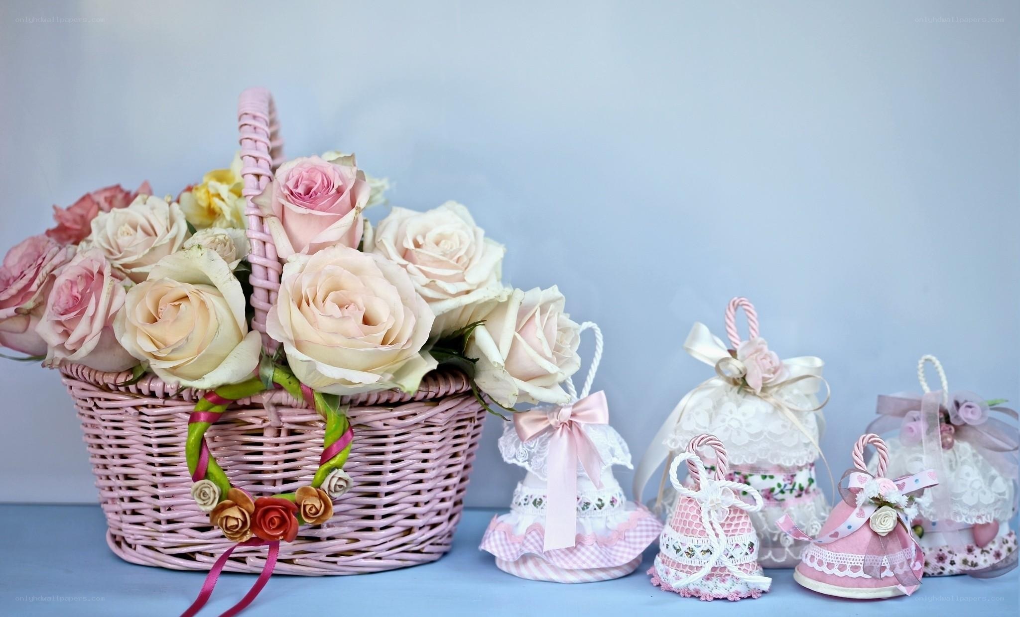 Pink basket with roses and gifts