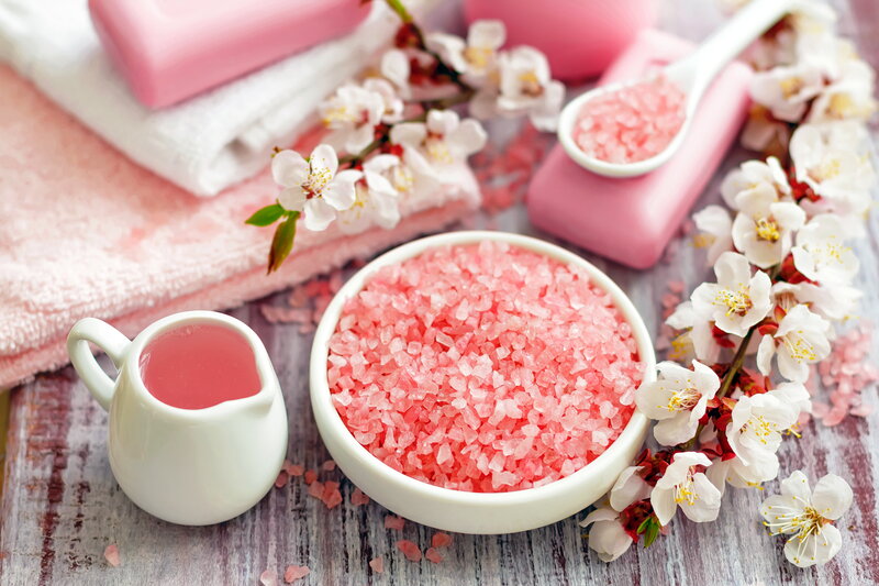 Pink Bath Salts and Flowers — Serene, Spring, Photograph