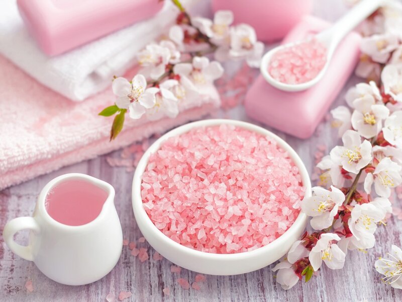 Pink Bath Salts and Flowers — Serene, Spring
