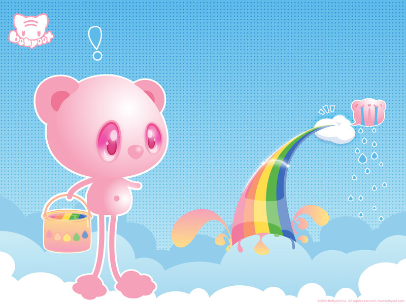 Pink bear with rainbow bucket