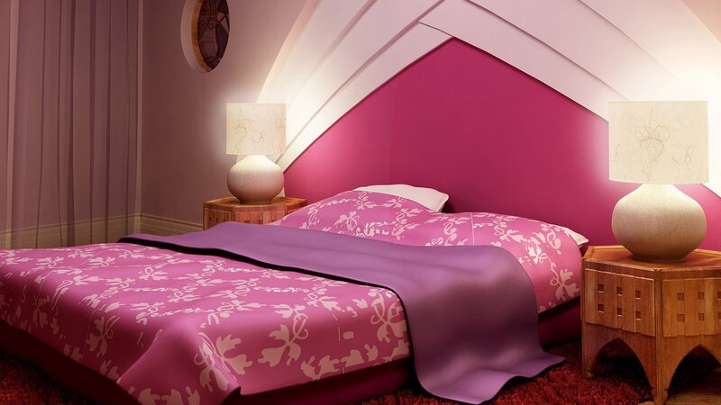 pink bedroom with patterned bedding