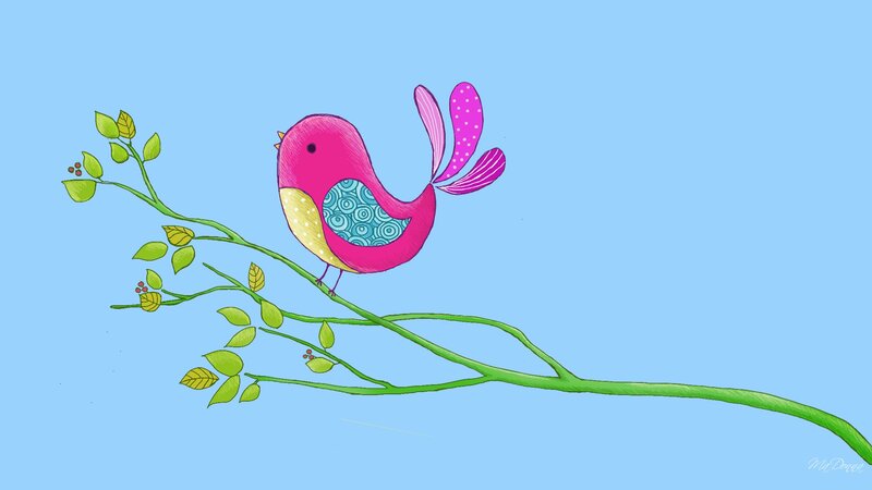 Pink Bird on Branch — Blue