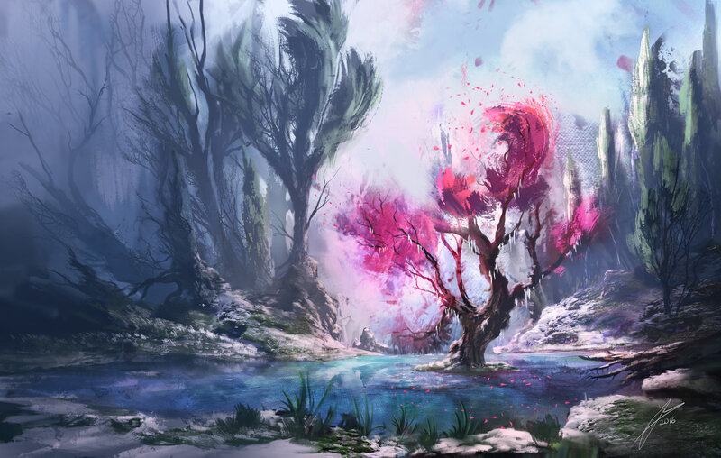 Pink-blossomed Tree — Blue