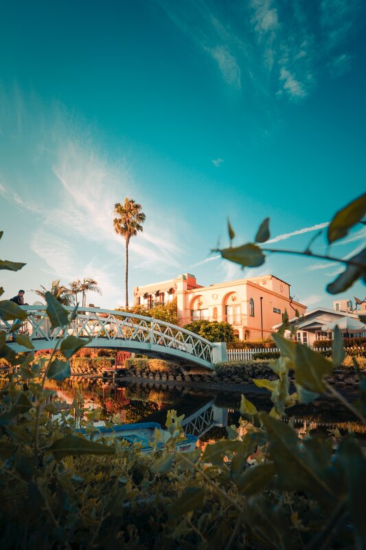 Pink Building with Bridge