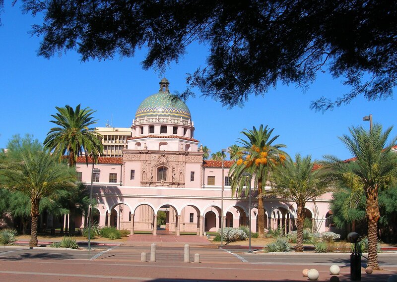 Pink building with dome and palm trees