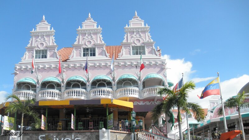 Pink Building with Flags