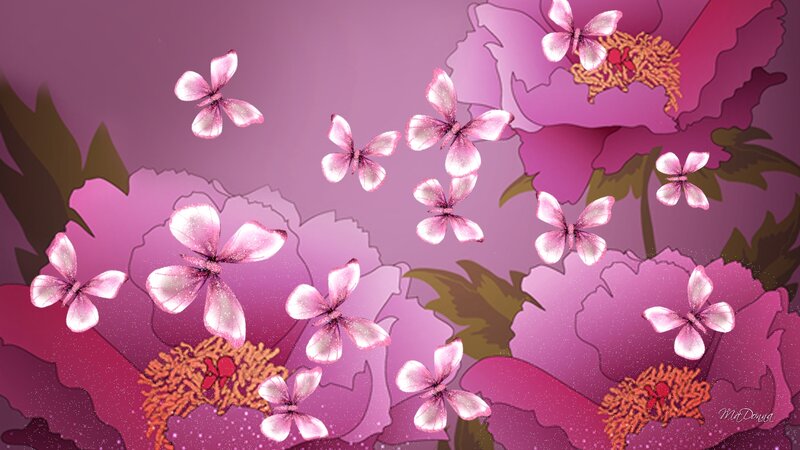 Pink Butterflies and Flowers — Purple, Dreamy, Digital Art