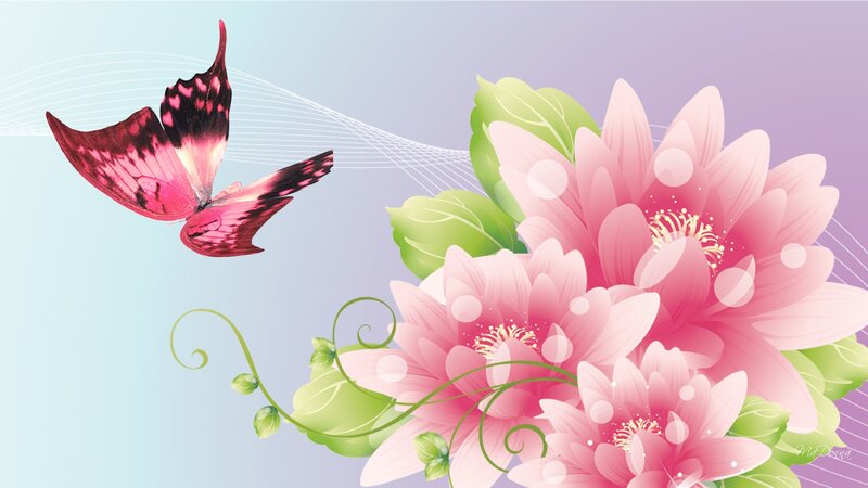 Pink Butterfly and Flowers — Serene, Digital Art