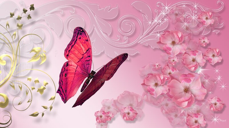 Pink Butterfly with Flowers