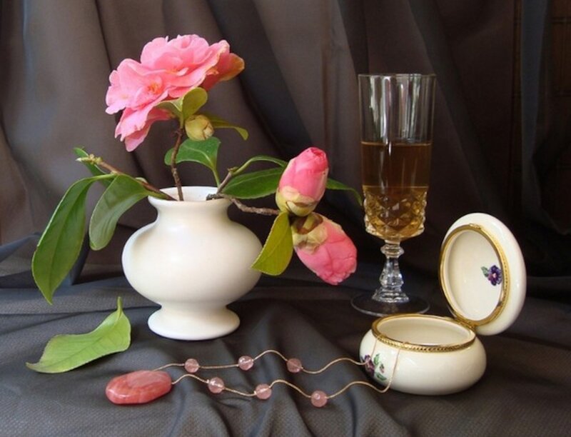 Pink Camellia in Vase — White