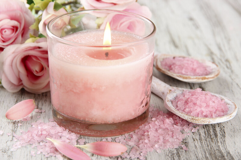 Pink Candle with Rose Petals — Serene, Photograph