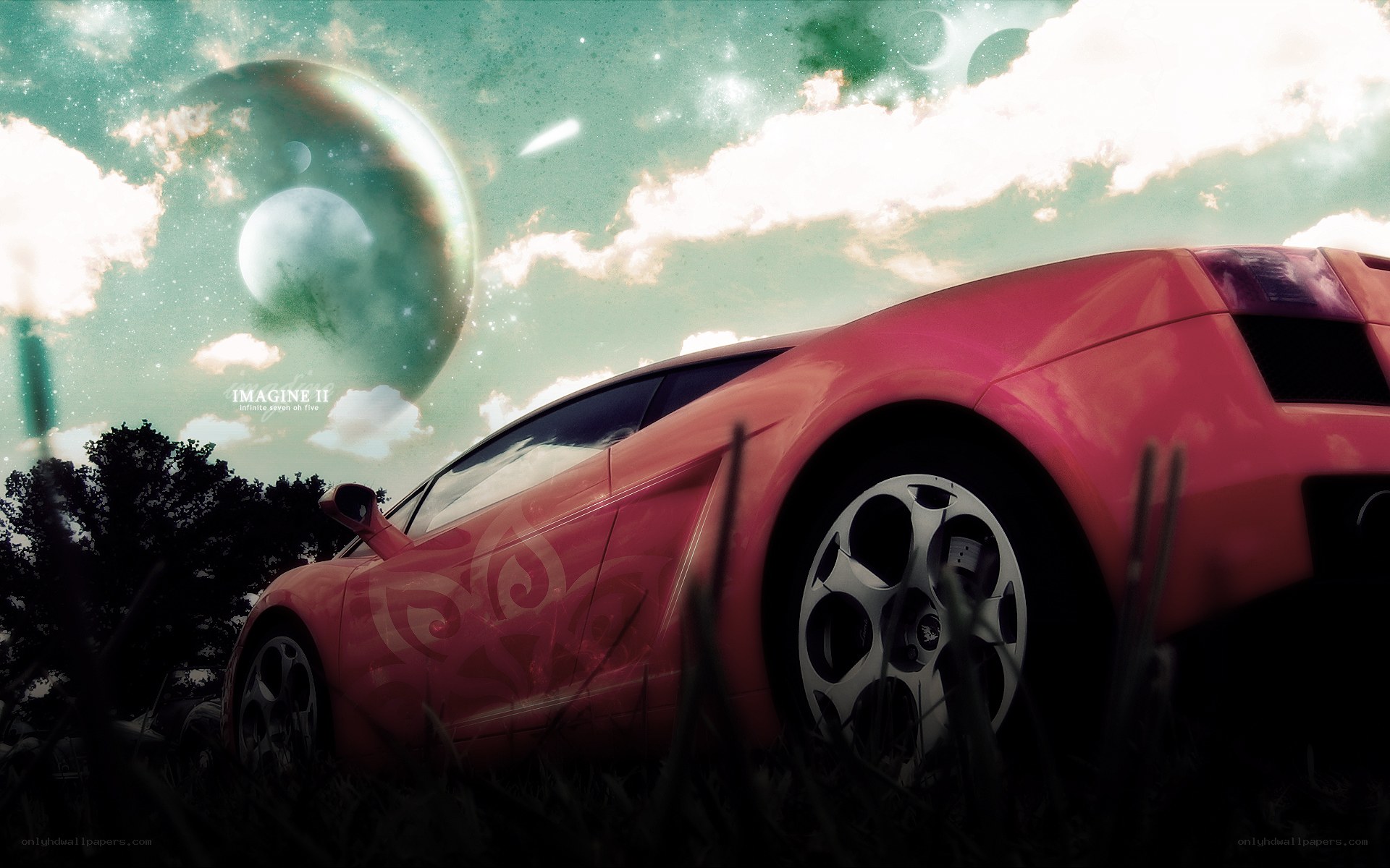 Pink car in alien landscape