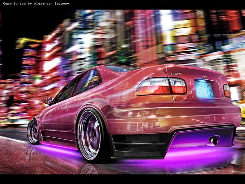 Pink car in city at night