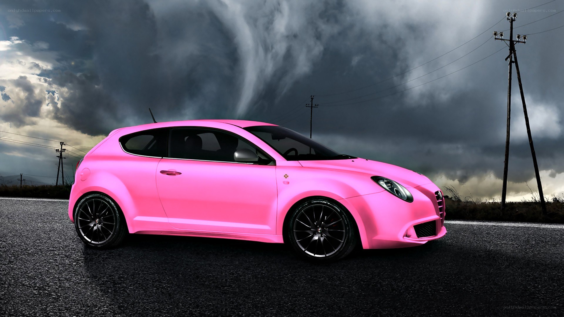 Pink car on a stormy road