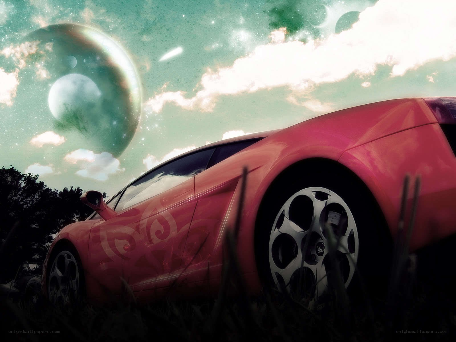 Pink car under alien sky
