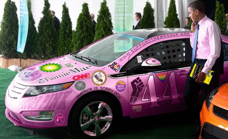 Pink car with political stickers