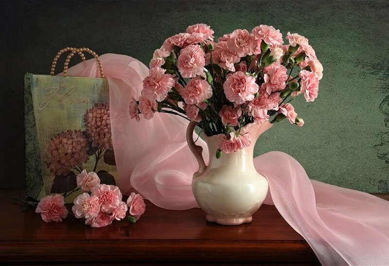 Pink Carnations in Vase — Serene, Photograph, Gift Bag