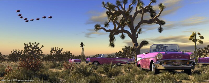 Pink cars in desert landscape