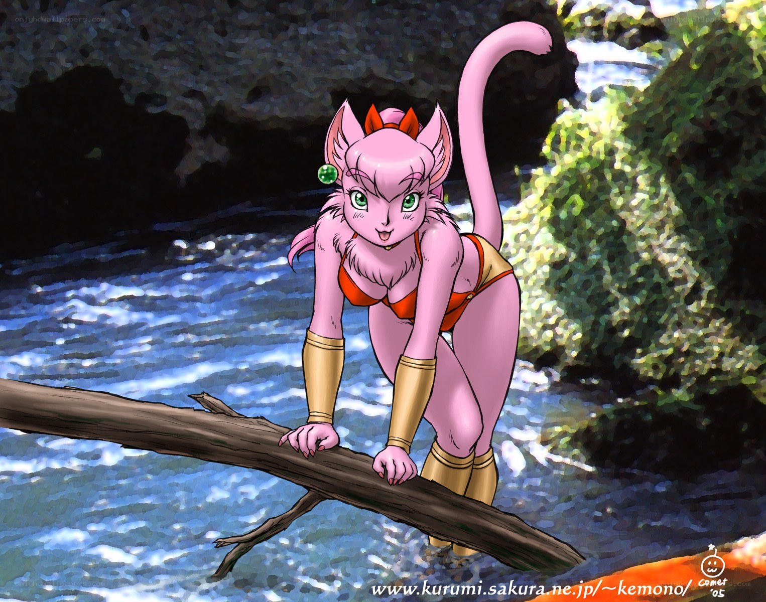 pink cat girl on a log