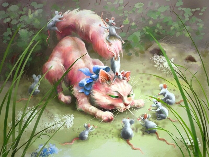 Pink Cat with Mice