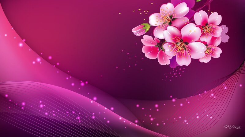 Pink Cherry Blossoms — Purple, Serene, Digital Art