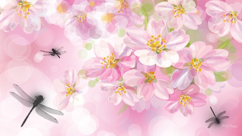 Pink Cherry Blossoms — Serene, Spring, Digital Art, Dragonflies