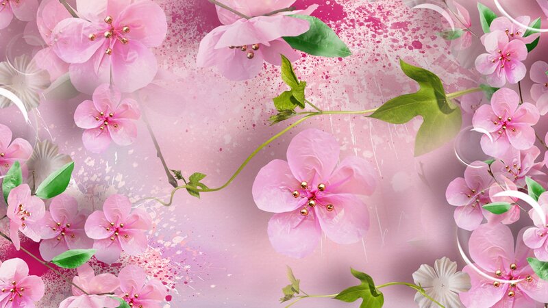 Pink Cherry Blossoms — Serene, Spring, Digital Art, Green Leaves