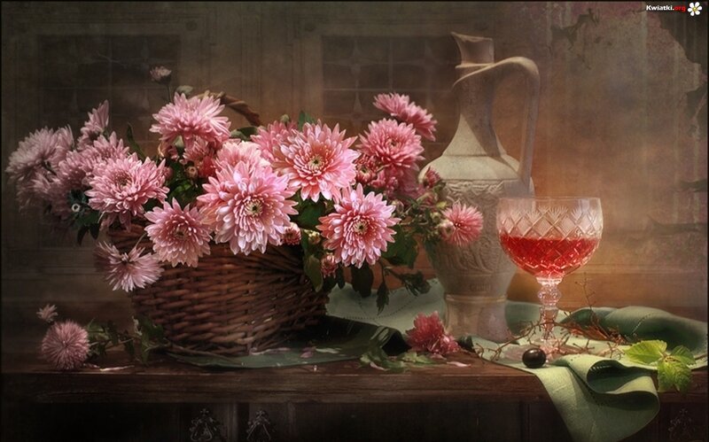 Pink Chrysanthemums in Basket — Serene, Painting