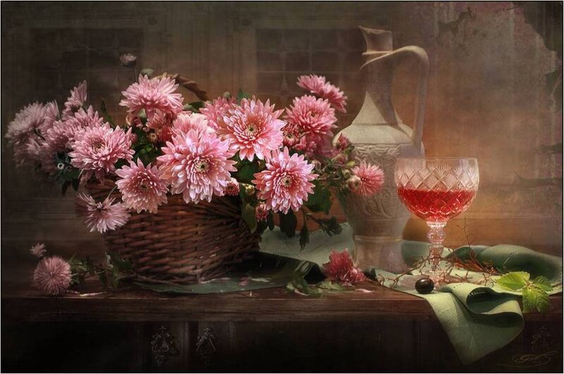 Pink Chrysanthemums in Basket — Serene, Painting, Wine Glass