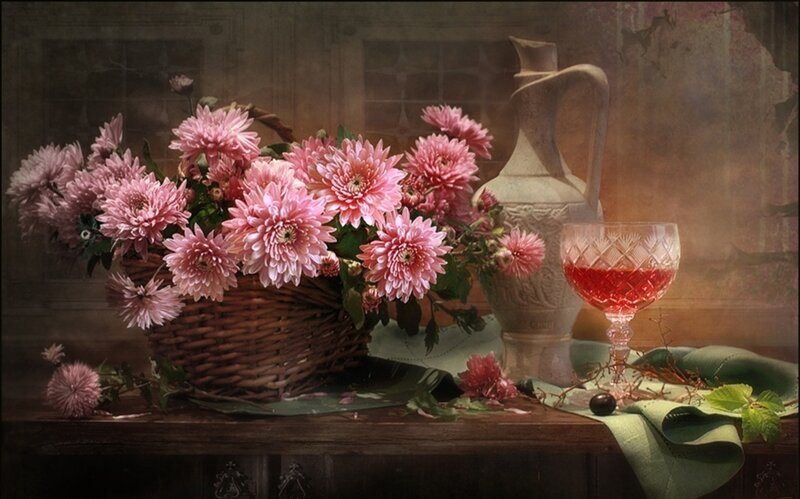 Pink Chrysanthemums in Basket — Serene