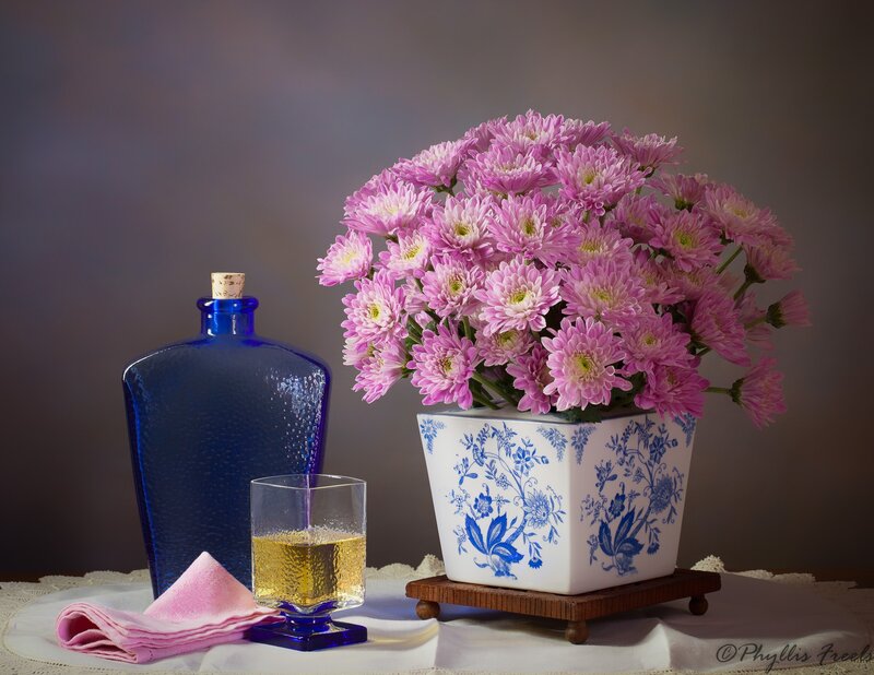 Pink Chrysanthemums in Vase — Purple, Serene, Photograph