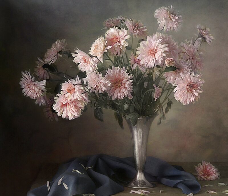 Pink Chrysanthemums in Vase — Serene, Painting