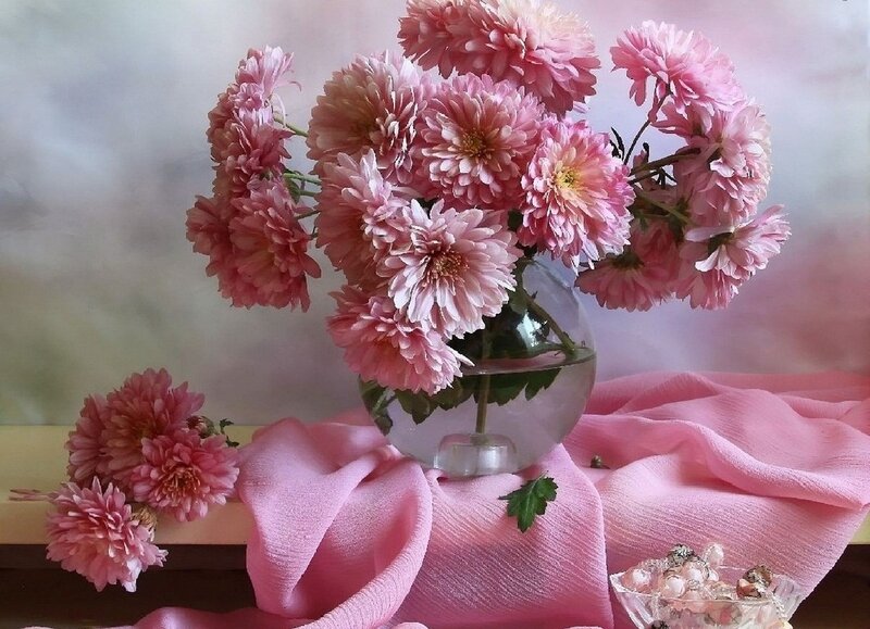Pink Chrysanthemums in Vase — Serene, Photograph, Fabric