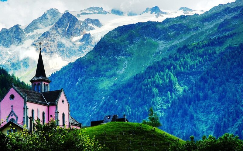 Pink Church in Mountains — Serene
