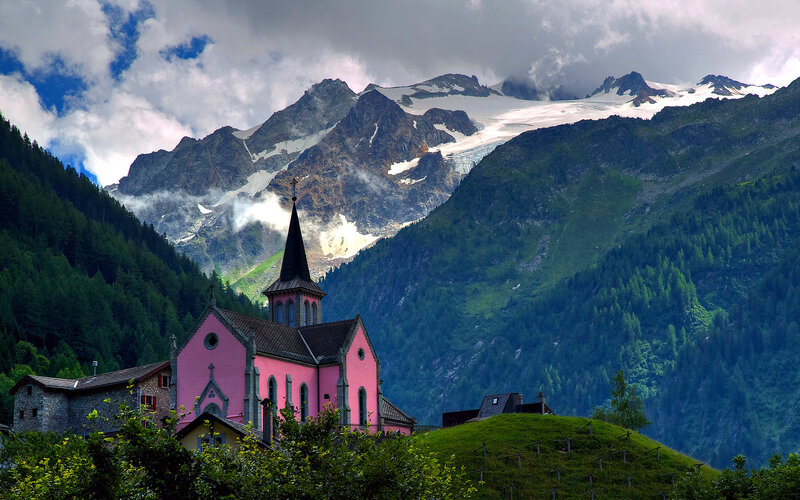 Pink Church in Mountains