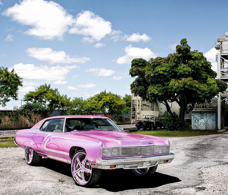 Pink Classic Car — Bright, Afternoon, Photograph, Tree