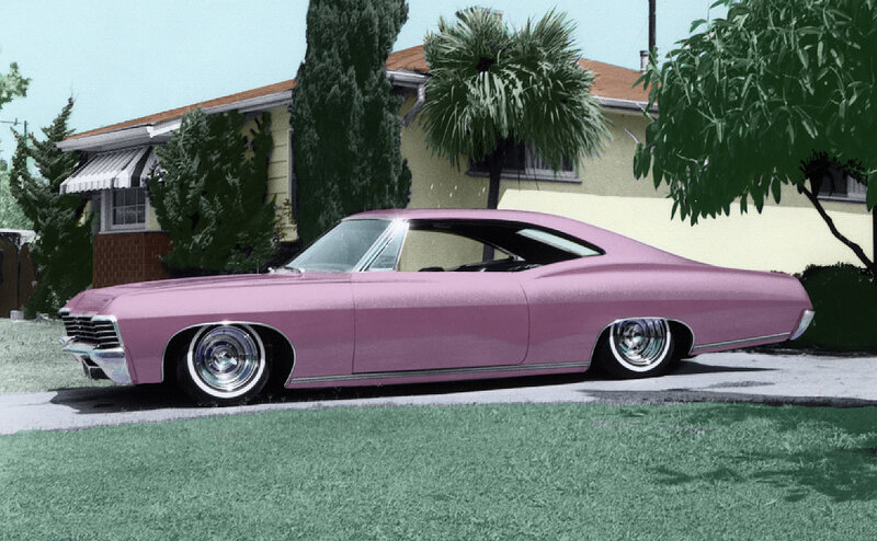 Pink classic car in driveway