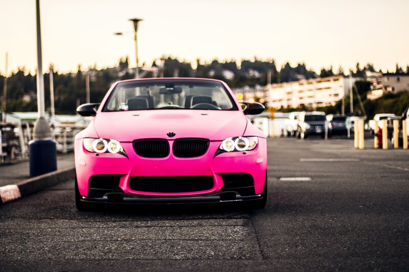 Pink Convertible Car — Dramatic, Sunset