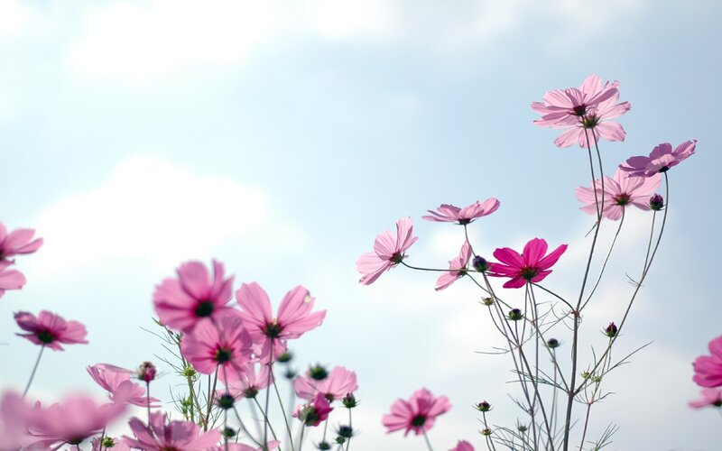 Pink cosmos flowers against blue sky