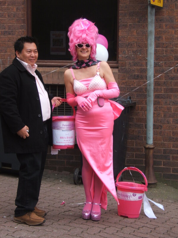 Pink-costumed fundraiser duo