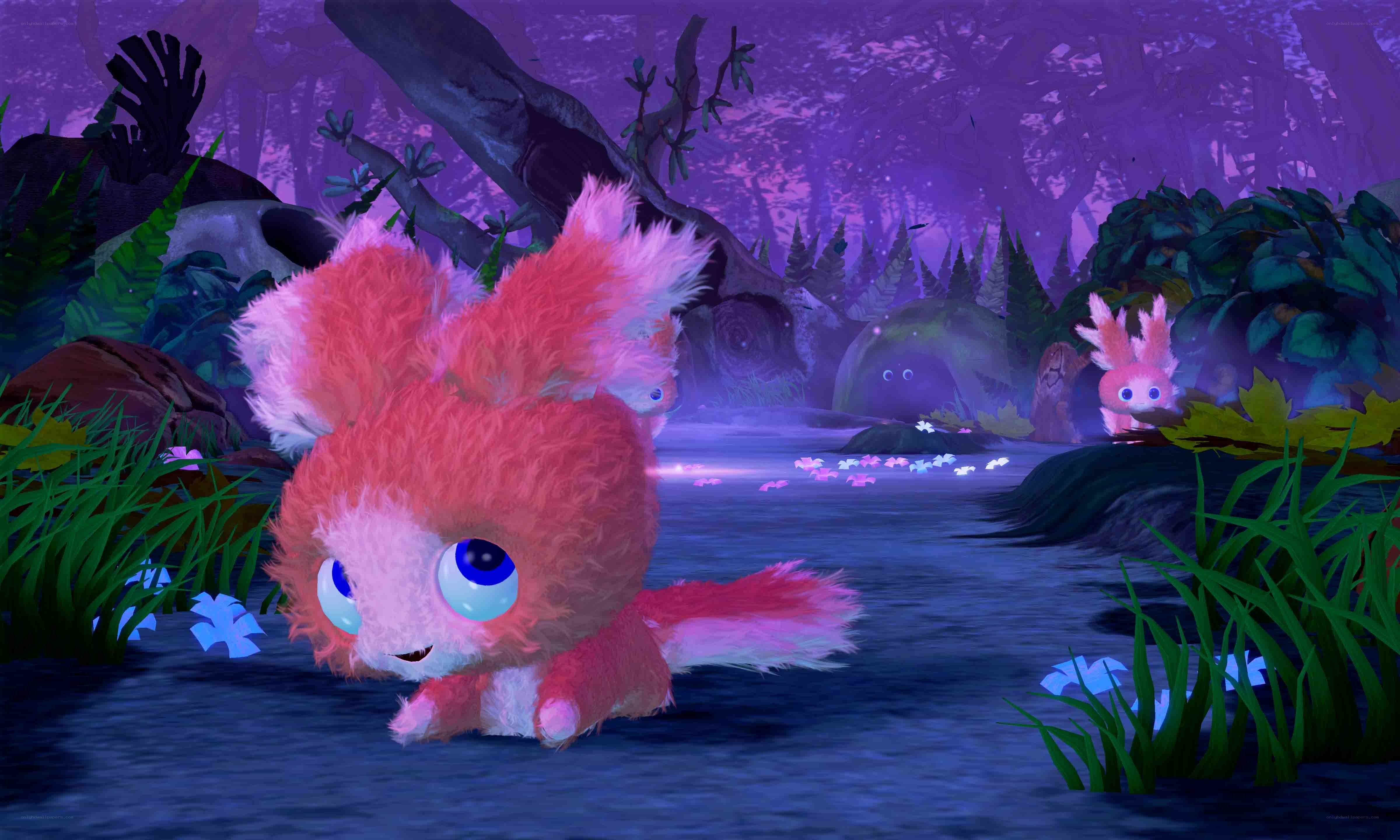 pink creature in purple forest