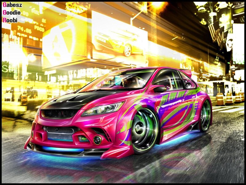 pink custom car at night