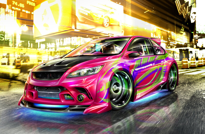 pink custom car at night
