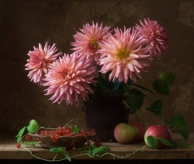 Pink dahlias and fruit still life