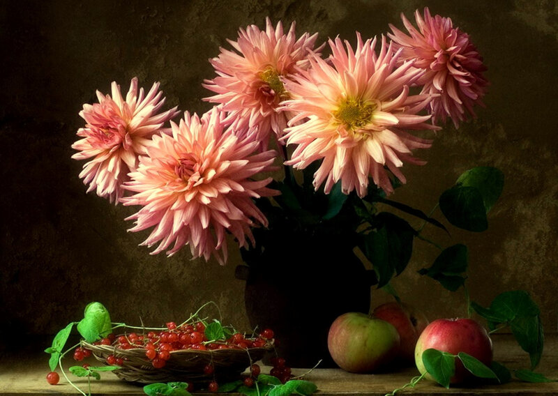 Pink dahlias and fruit still life