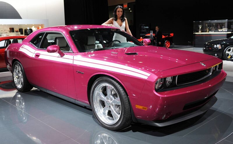 Pink Dodge Challenger at auto show